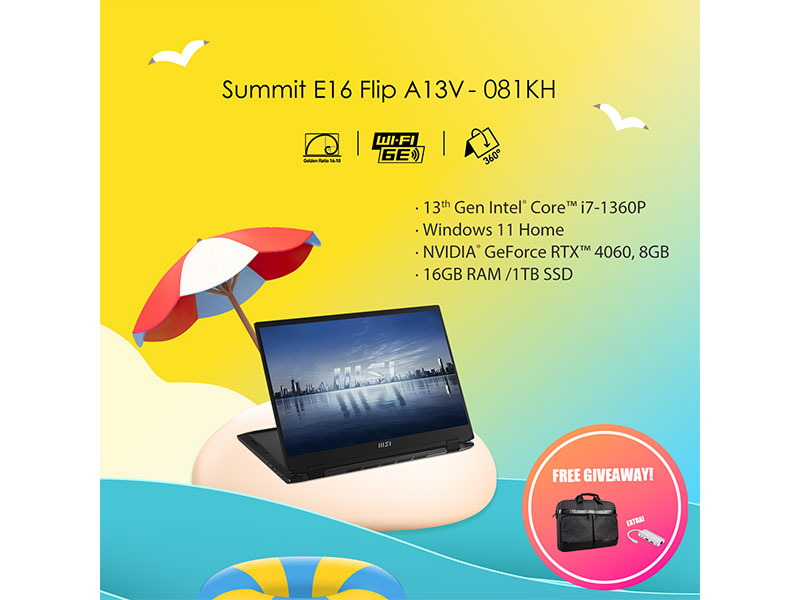 MSI Summit E16 Flip A13VFT-081KH - Ink Black 16-inch QHD-Core i7-1360P-RTX 4060-1TB M.2-16GB LPDDR5-2.1kg-Win11h-LAMSI-259